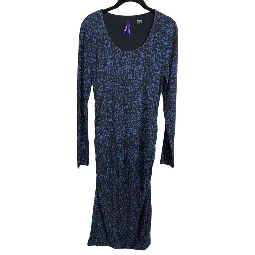 Seraphine Blue Black Animal Print Midi Long Sleeve Ruched Maternity Dress Size 6